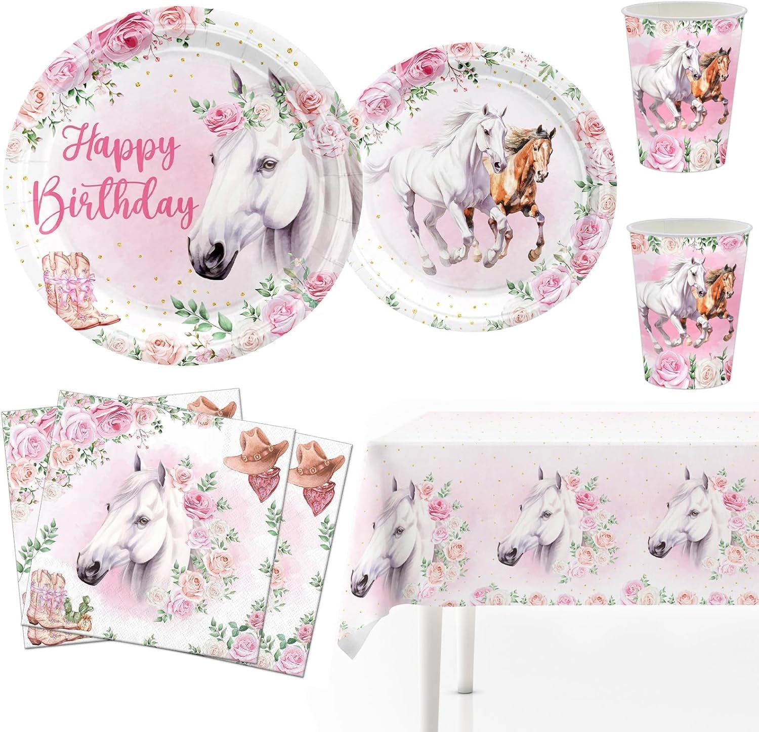 Set de petrecere cu 51 de piese, farfurii de hârtie cu cai roz, pahare, șervețele, pentru copii, fete, băieți, decorațiune de masă cu cai pentru ziua de naștere