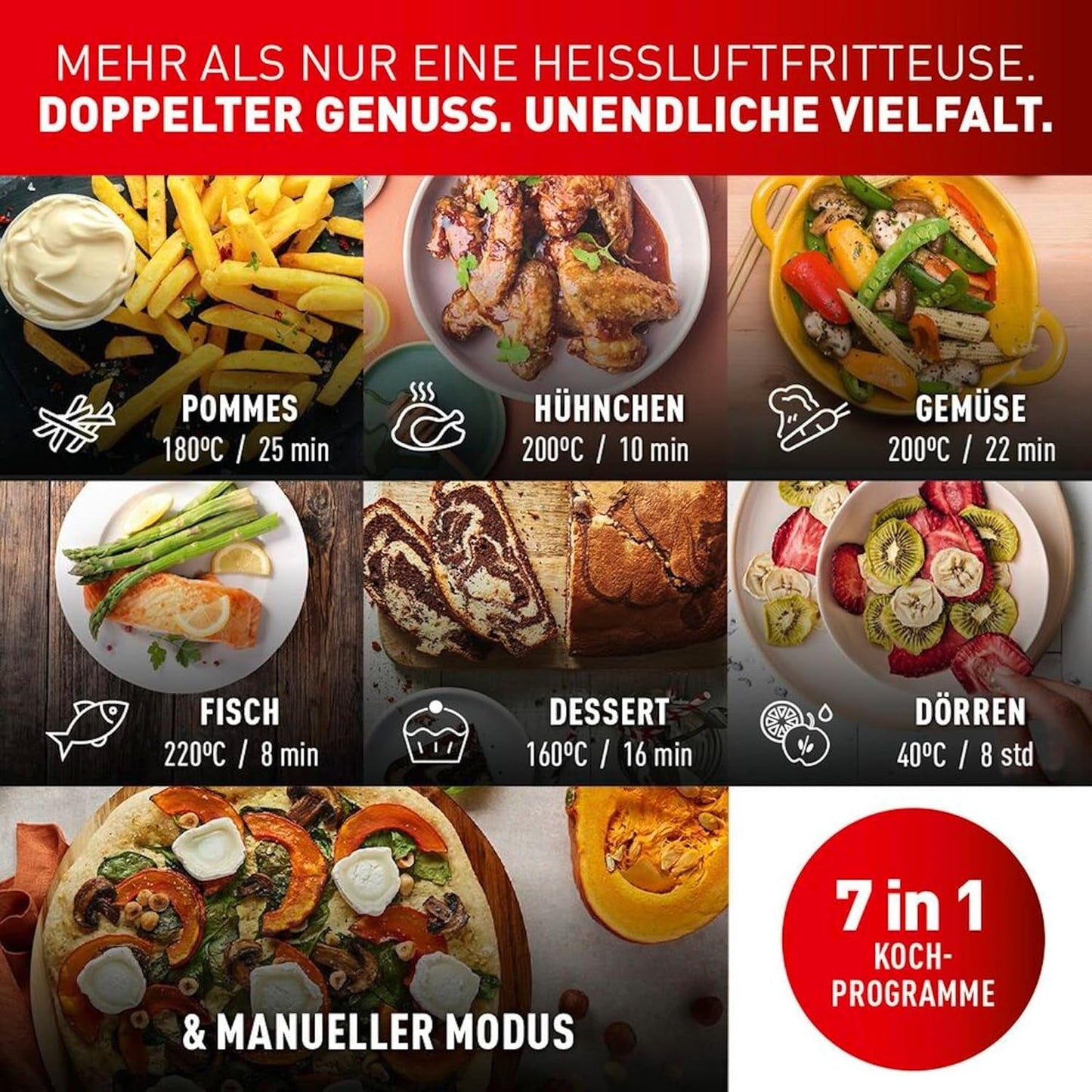 Tefal Dual Easy Fry Hot Air Fryer cu două camere, capacitate de 5,2/3,1 litri, două sertare independente, 7 programe Electrocasnice Naty Shop