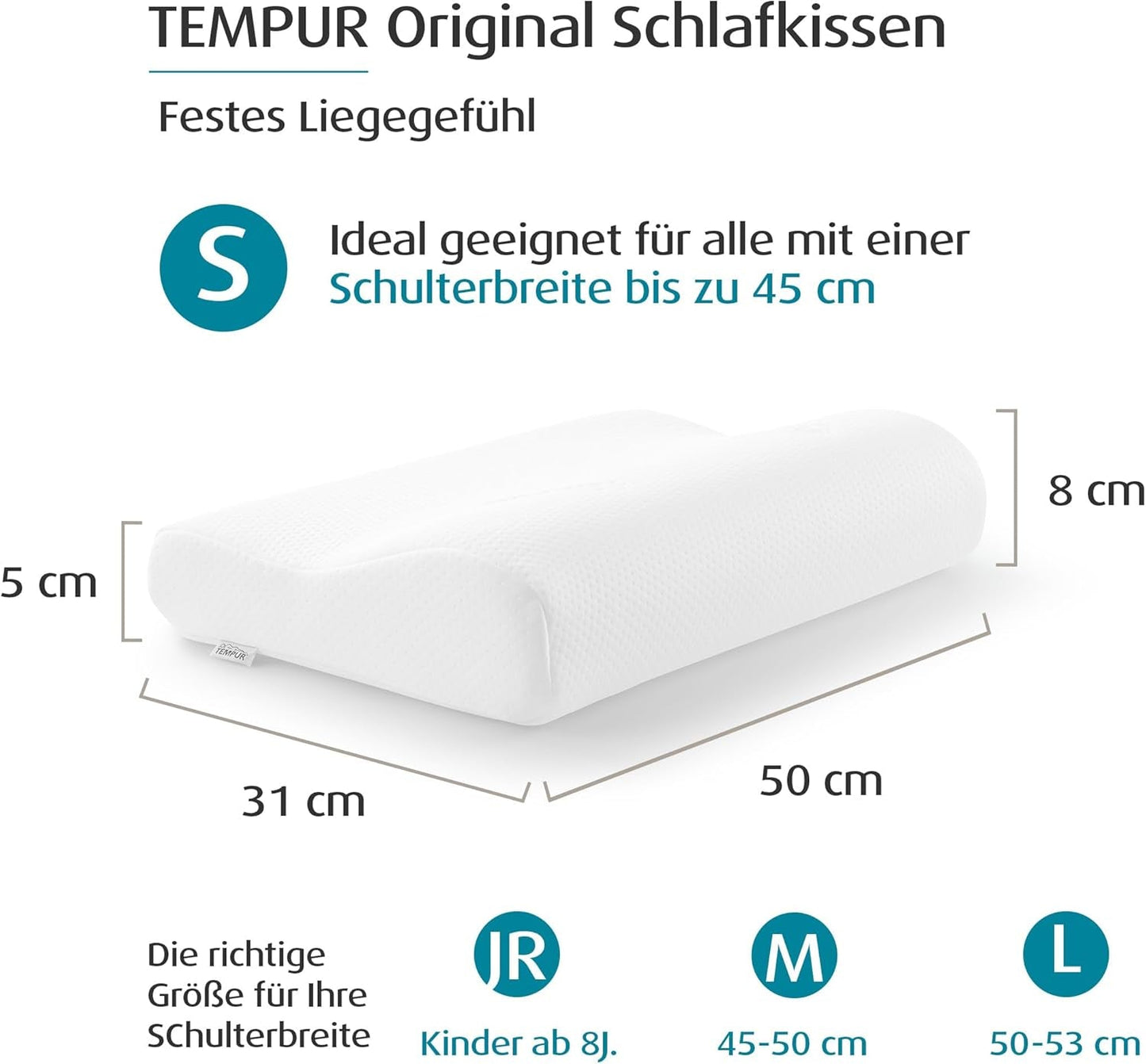 Pernă de dormit TEMPUR Original din spumă cu memorie, pernă ergonomică cu suport pentru gât pentru persoanele care dorm pe o parte și pe spate, senzație fermă, S (50 x 31 x 8/5 cm), Alb