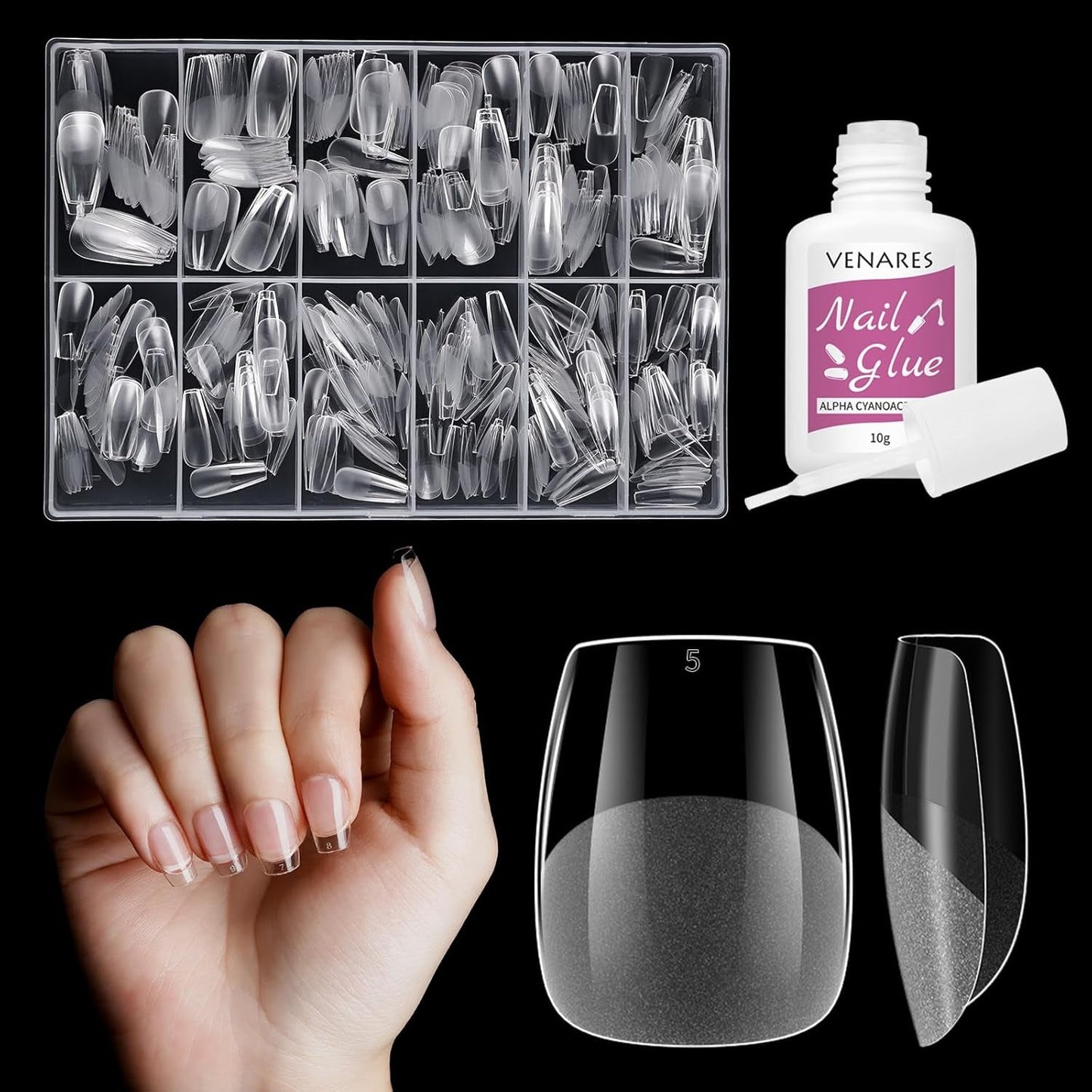 Unghii false scurte, model balerină, 500 bucăți, pentru lipire, 12 dimensiuni, unghii artificiale, scurte, cu gel moale, acoperire completă, vârfuri de unghii pentru unghii cu gel, scurte, S