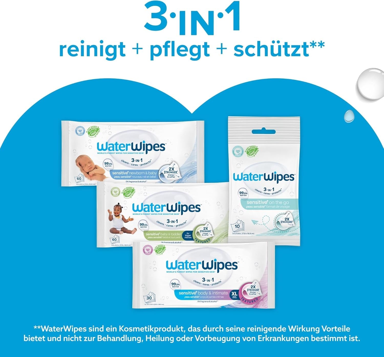 Șervețele umede WaterWipes Sensitive+ pentru nou-născuți și bebeluși, 360 bucăți (6 pachete), curățare, îngrijire, protecție 3 în 1, 99,9% apă, fără parfum
