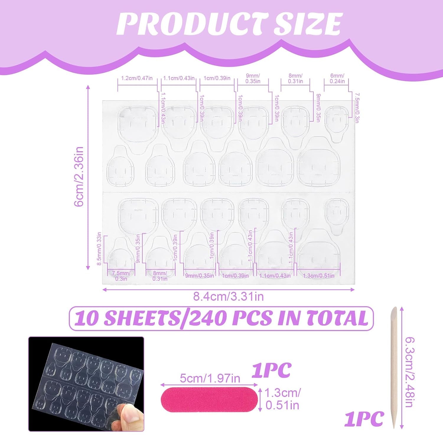 240 de bucăți de tampoane de lipici pentru unghii, tablă adezivă pentru unghii false, 10 coli de autocolante transparente, respirabile, super lipicioase, față-verso (gel jelly) pentru manichiură și unghii artificiale, inclusiv set de manichiură