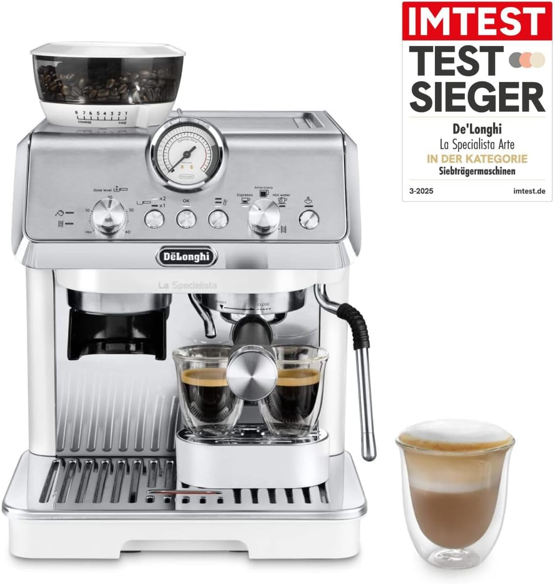 Espressor portafilter De'Longhi La Specialista Arte EC9155.MB cu râșniță, 8 setări de măcinare, presiune 15 bar, 3 setări de temperatură, spumator de lapte, 1550W, rezervor de 1,7L, oțel inoxidabil/negru, inclusiv kit barista
