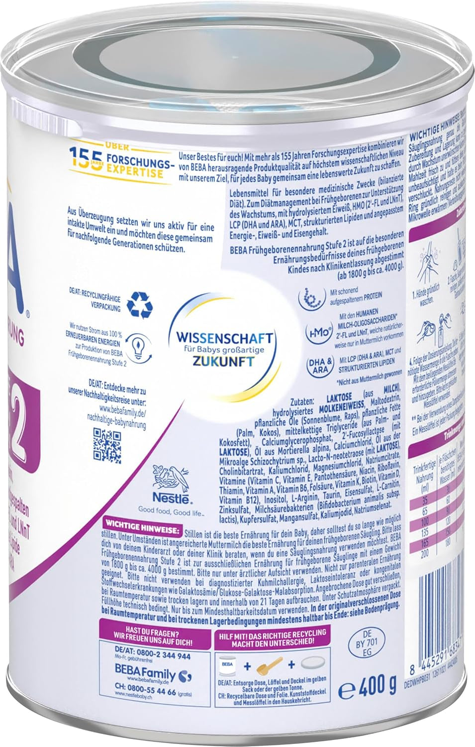 BEBA Formulă pentru sugari prematuri Etapa 2 - Sugari prematuri după externarea din spital, hrană pentru bebeluși, lapte praf pentru bebeluși, 1 pachet (1 x 400g)