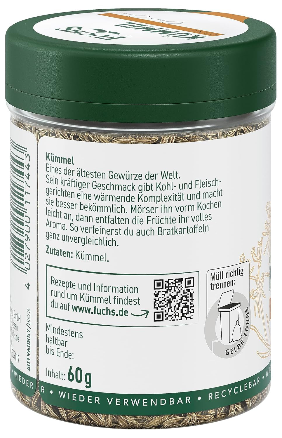 Fuchs Gewürze - Kümmel ganz - kräftiges Gewürz für Kohl- und Fleischgerichte oder zu Bratkartoffeln - natürliche Zutaten - 60 g in wiederverwendbarer, recyclebarer Dose