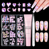 Gel adeziv pentru strasuri Makartt - Set de adeziv UV pentru unghii 15ml cu brelocuri roz pentru unghii, bijuterii pentru unghii în formă de inimă și cerc și accesorii pentru designul unghiilor, pentru manichiură acasă, cadou de Ziua Îndrăgostiților