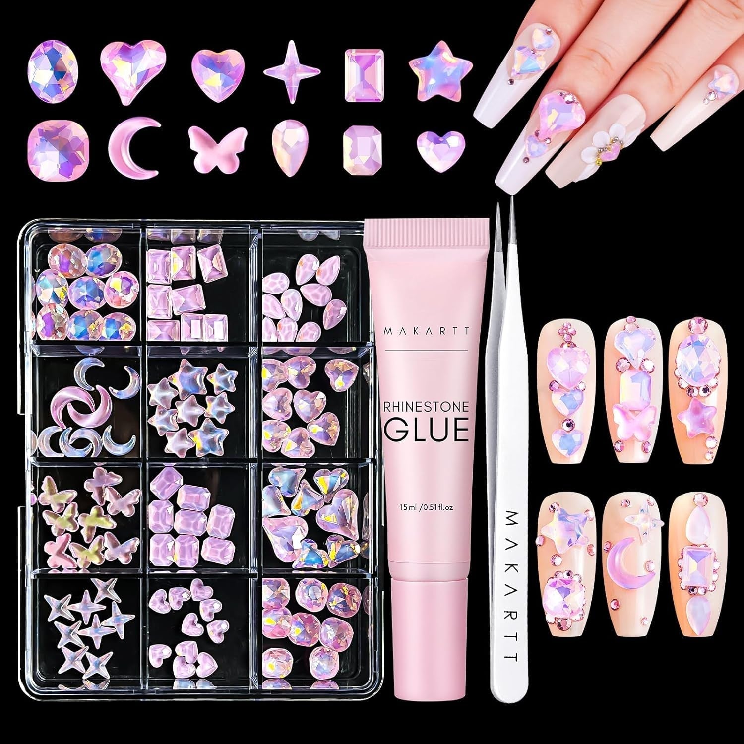 Gel adeziv pentru strasuri Makartt - Set de adeziv UV pentru unghii 15ml cu brelocuri roz pentru unghii, bijuterii pentru unghii în formă de inimă și cerc și accesorii pentru designul unghiilor, pentru manichiură acasă, cadou de Ziua Îndrăgostiților