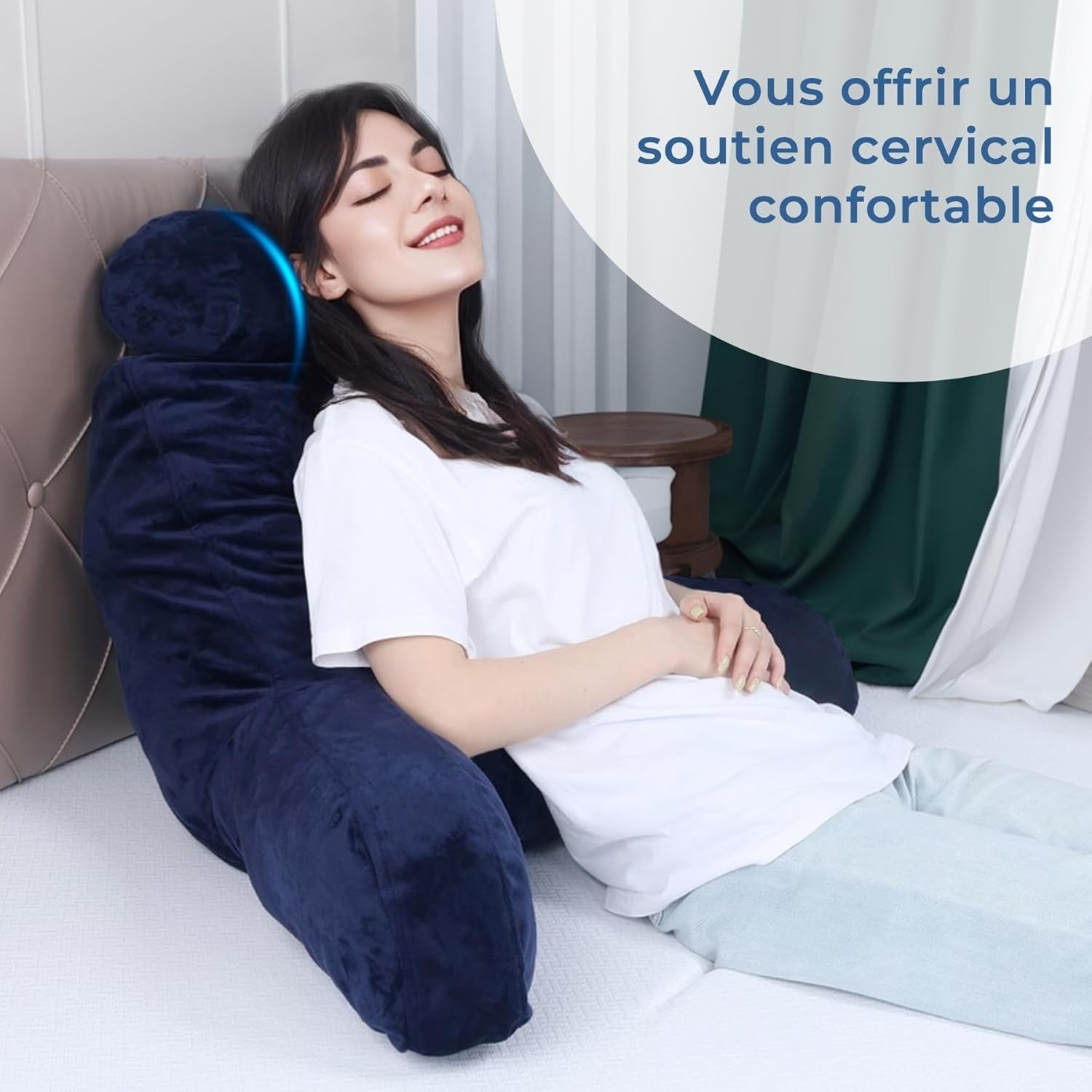 Pernă de citit INFANZIA cu cotiere, spumă cu memorie, suport ergonomic pentru canapea și pat, albastru marin