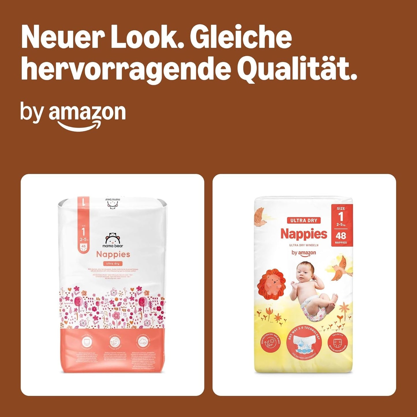 Scutece Ultra Dry de la Amazon, mărimea 1 (2-5 kg) - Cutie lunară, alb, 96 bucăți (2 pachete a câte 48) (anterior sub marca Mama Bear, produs identic)