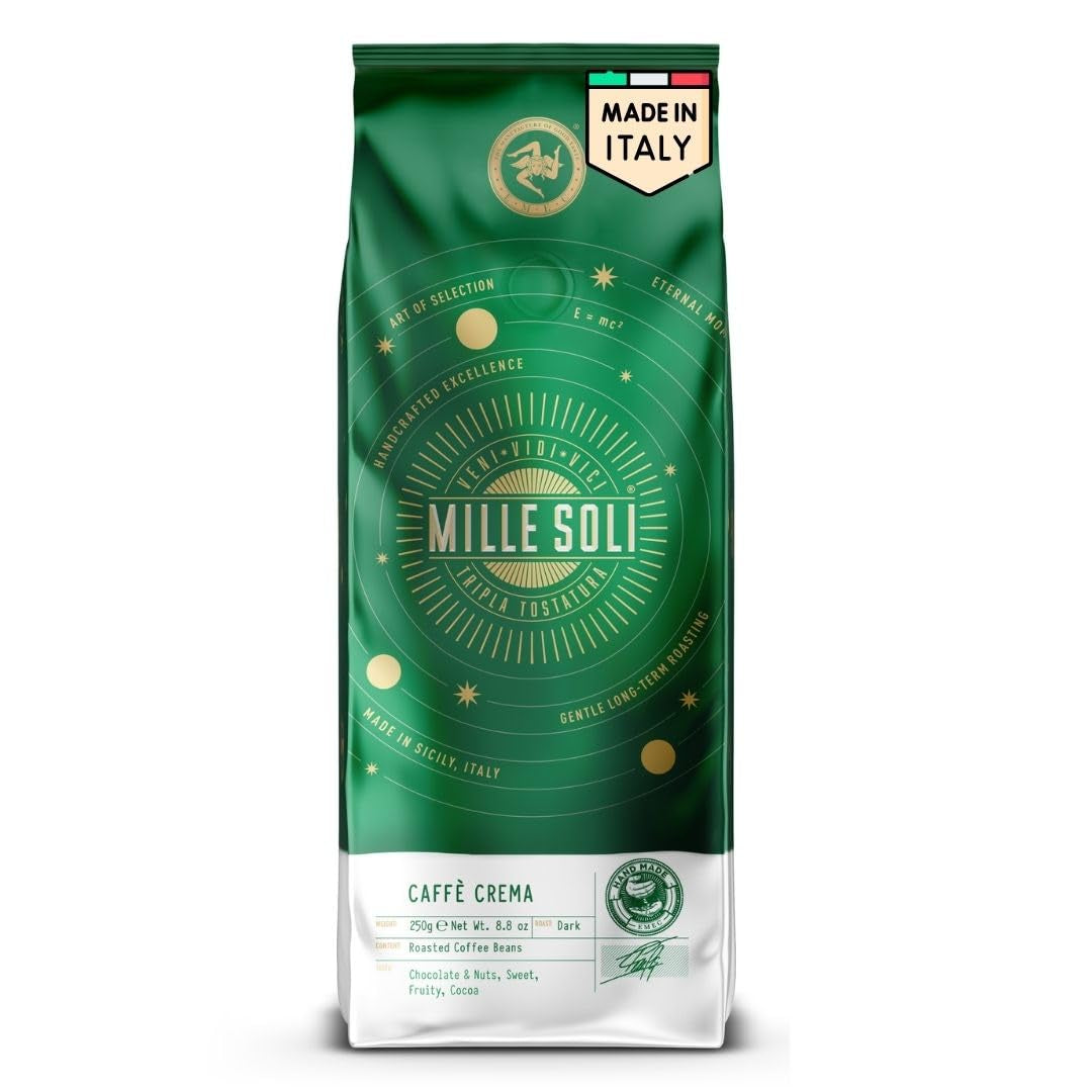 Caffè Crema - Boabe de cafea prăjite în Sicilia - Proces tradițional de prăjire îndelungată cu cremă perfectă, pungă de 250 g, aciditate deosebit de scăzută pentru aparate complet automate și portafiltru