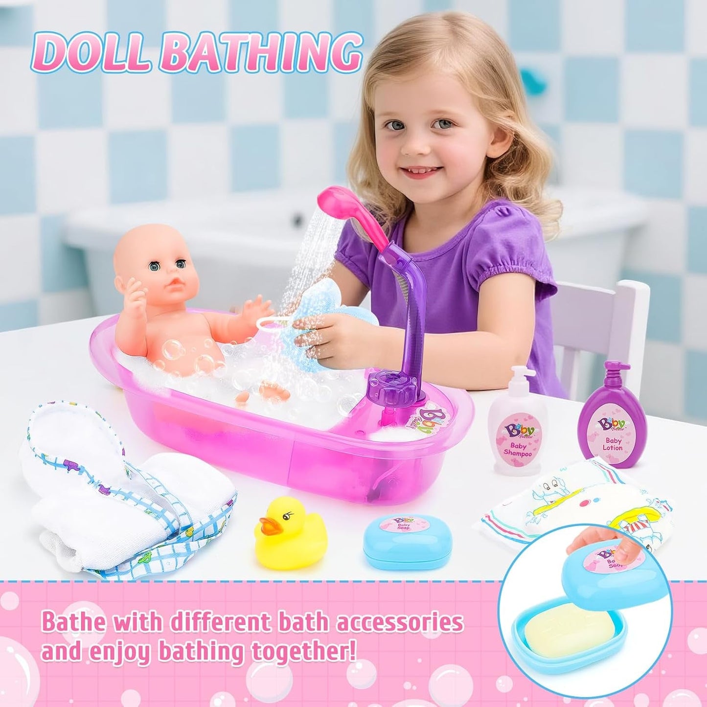 Set cădiță de baie pentru păpuși deAO, păpușă interactivă de 33 cm, baie pentru păpuși, set de joacă pentru păpuși cu suzetă, haine pentru păpuși, halat de baie, scutece pentru păpuși, cadă și spray de duș funcțional