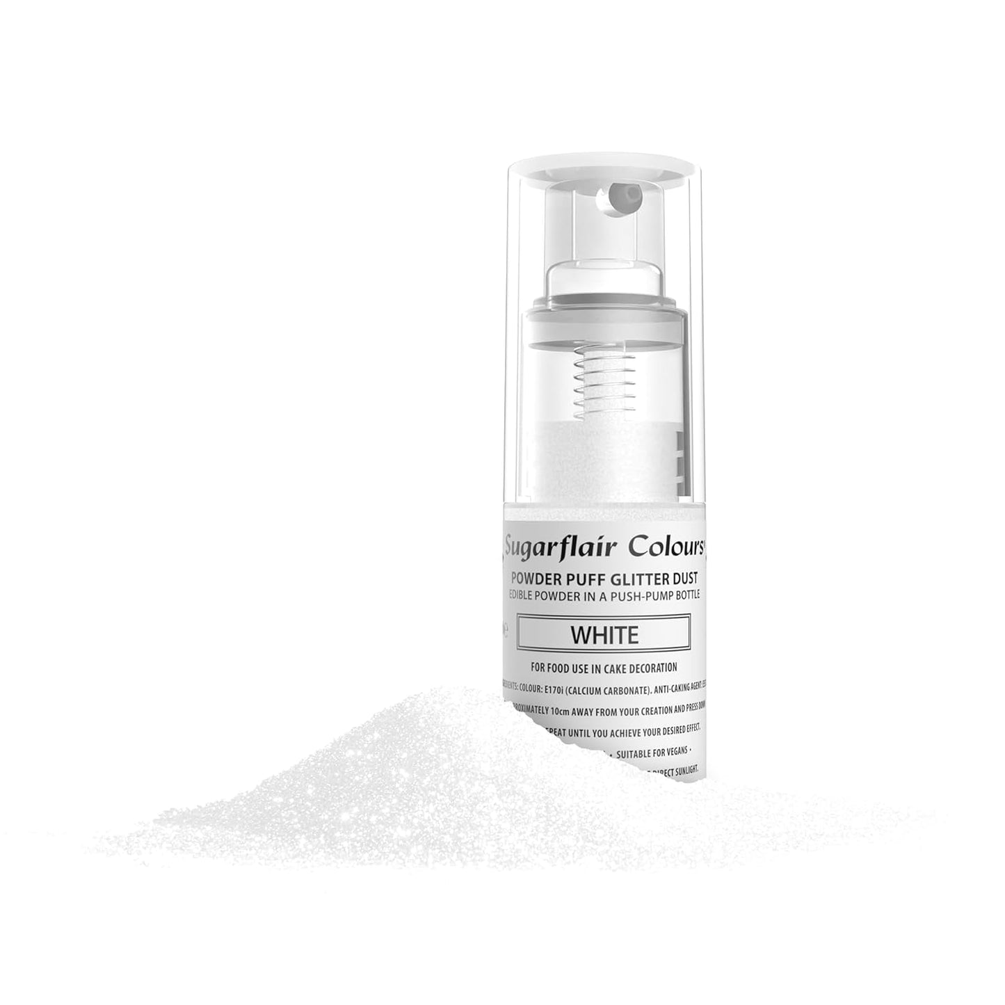 Spray pudră cu pompă Sugarflair, alb - colorant alimentar pentru decorarea torturilor, spray fără aerosoli pentru torturi, brioșe și multe altele - 10 g