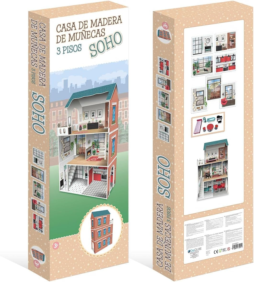 Casă de păpuși cu 3 etaje, design Soho-Madera cu 8 piese de mobilier, dimensiuni 120 x 33 x 75 cm (913D00181)