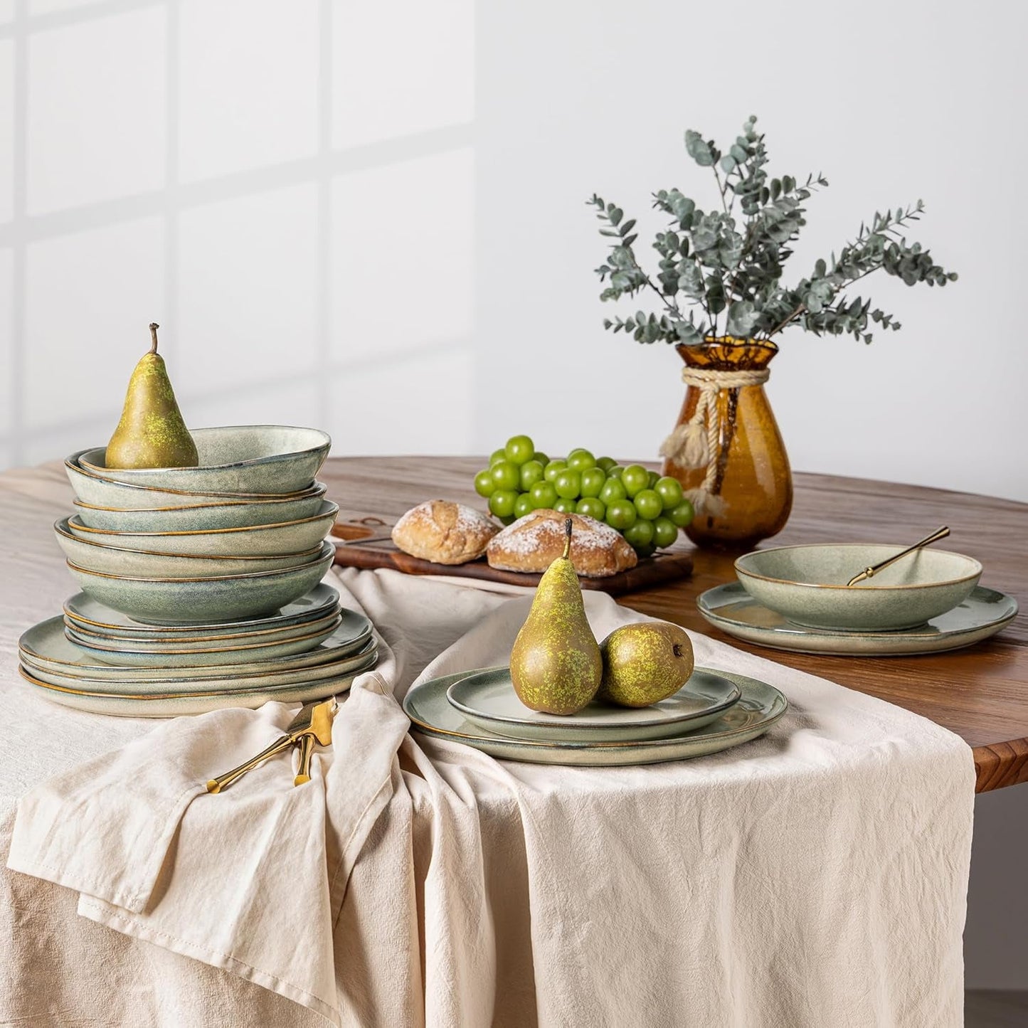 Set de veselă GBhome din gresie pentru 6 persoane, 24 de piese, glazură reactivă, lucrat manual, potrivit pentru cuptorul cu microunde și mașina de spălat vase, set de boluri și farfurii, Desret Sage, GDW007GY-24P-EU