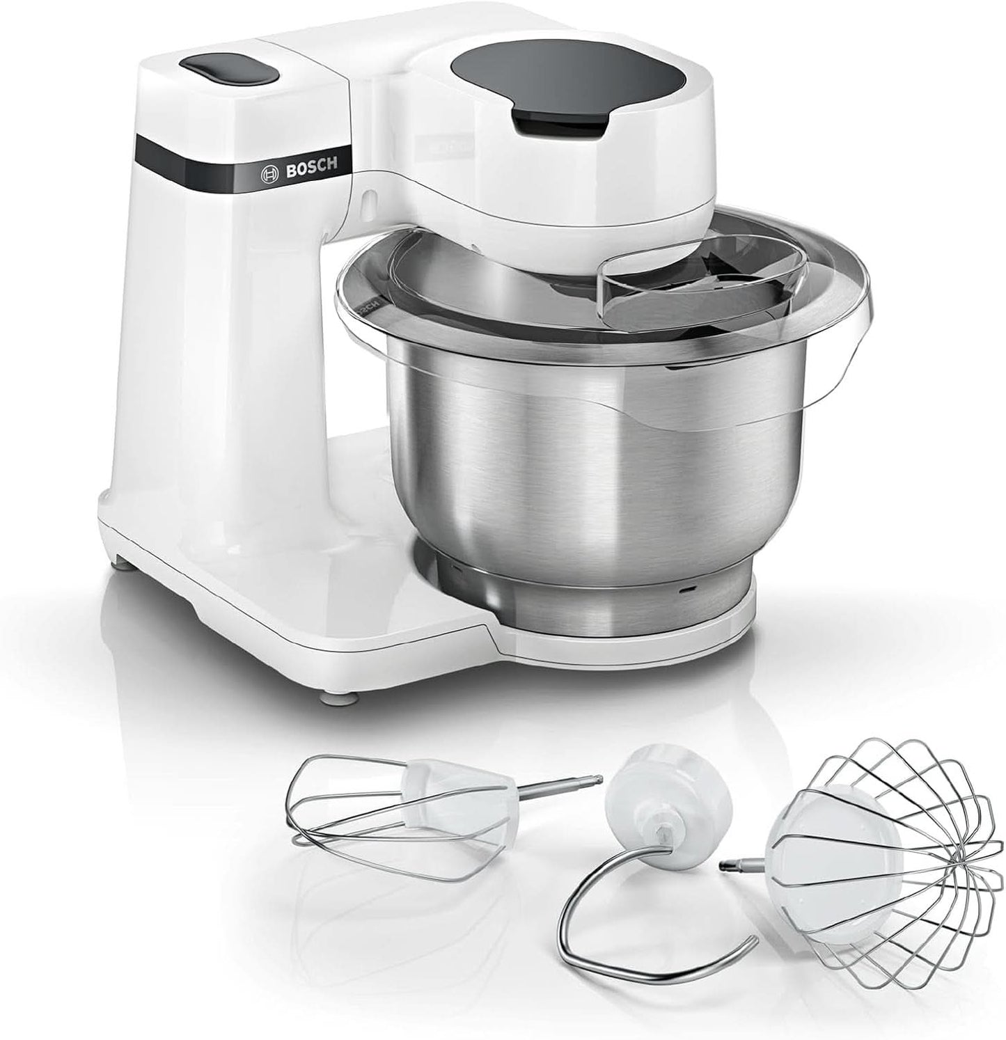 Bosch Küchenmaschine Serie 2 MUMS2EW00, Edelstahl-Schüssel 3,8 L, Planetenrührwerk, Knethaken, Schlag-, Rührbesen Edelstahl, 4 Arbeitsstufen, Durch Optionales Zubehör Erweiterbar, 700W, Weiß Bucatarie Naty Shop