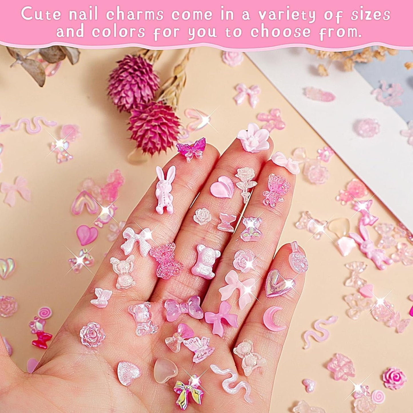 200 piese Nail Art Charms 3D Nail Art Decoration Set Arc Nail Pendant Roz Stil Mixt Arc Floare Ursuleț Acadea În formă de Inimă Nail Art Decorare DIY Craft Nail Design