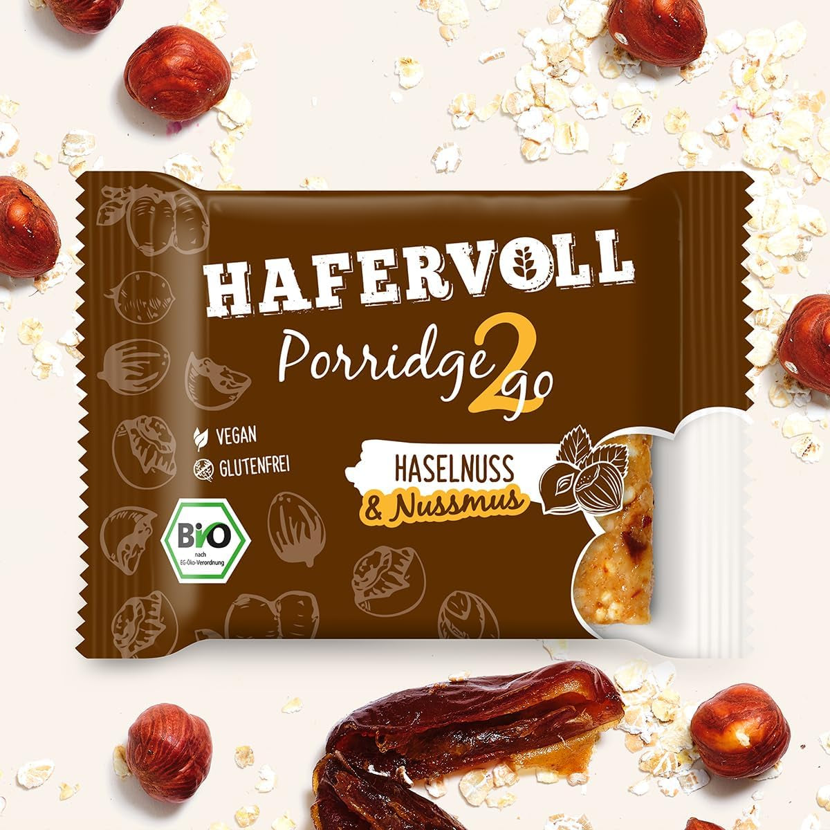 Hafervoll Porridge2go Unt de alune și nuci, 13 batoane x 55g - Vegan, Organic, Fără gluten, Gustare fără zahăr adăugat, cu ovăz, curmale și bomboane de quinoa