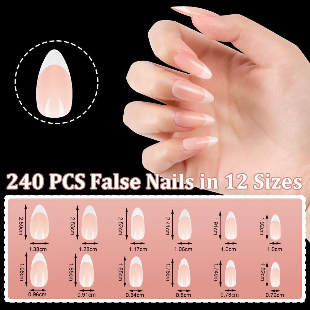 Set de 240 de vârfuri pentru unghii false, unghii false franțuzești pentru lipit, set de unghii franțuzești cu presă, 12 mărimi, unghii false cu lipici pentru femei și bărbați (alb nud mediu migdală)