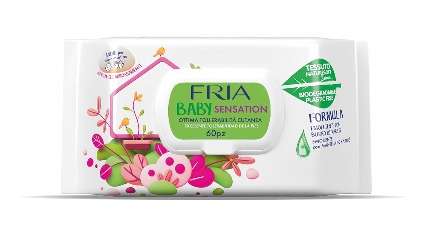 Înfășătoare Baby Sensation, cu unt de shea, calmante pentru piele, testate dermatologic, 60 de bucăți