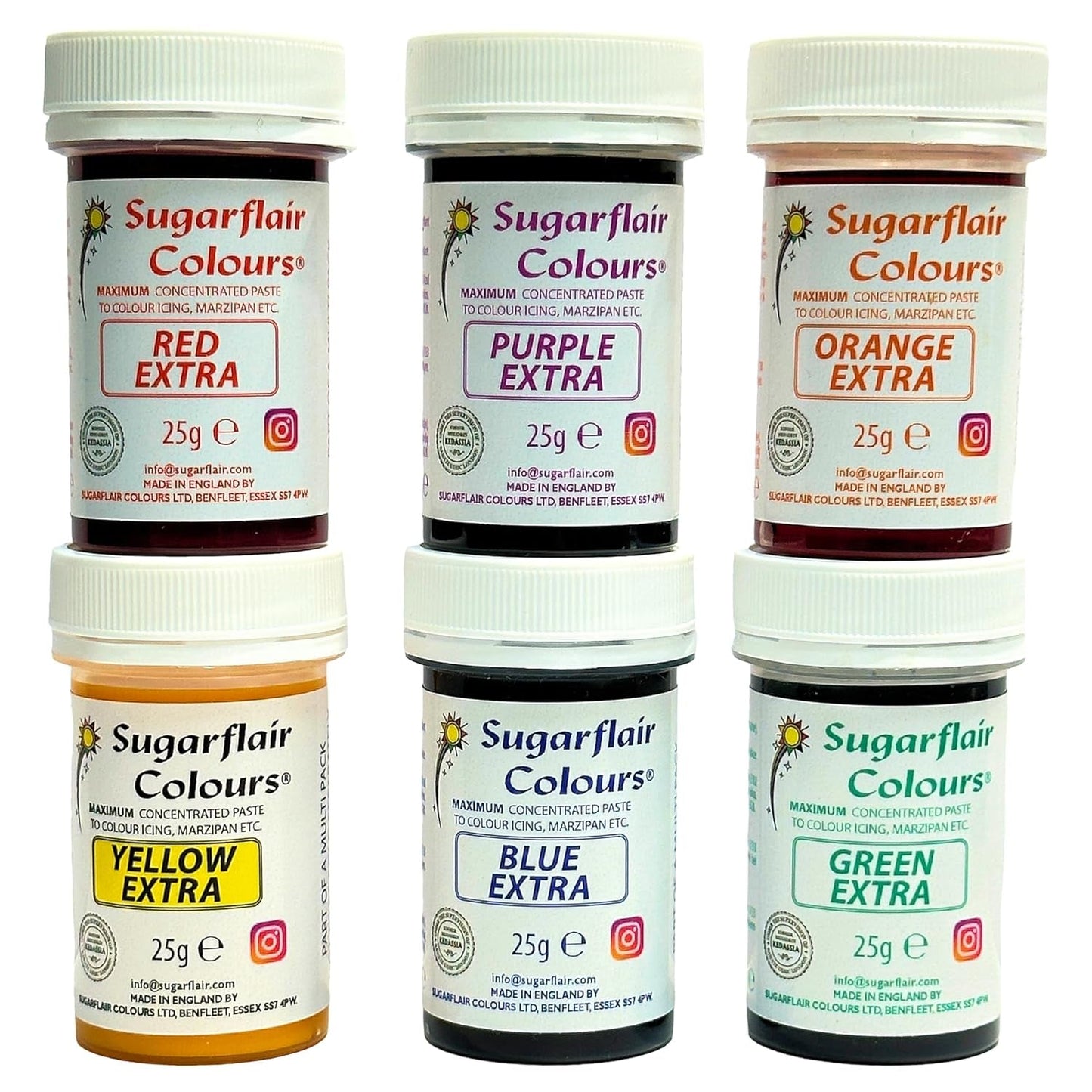Set de coloranți alimentari Sugarflair Max Concentrated/6, colorant alimentar în pastă Max Concentrate, EXTRA albastru, roșu, portocaliu, galben, verde, violet - 6x25g