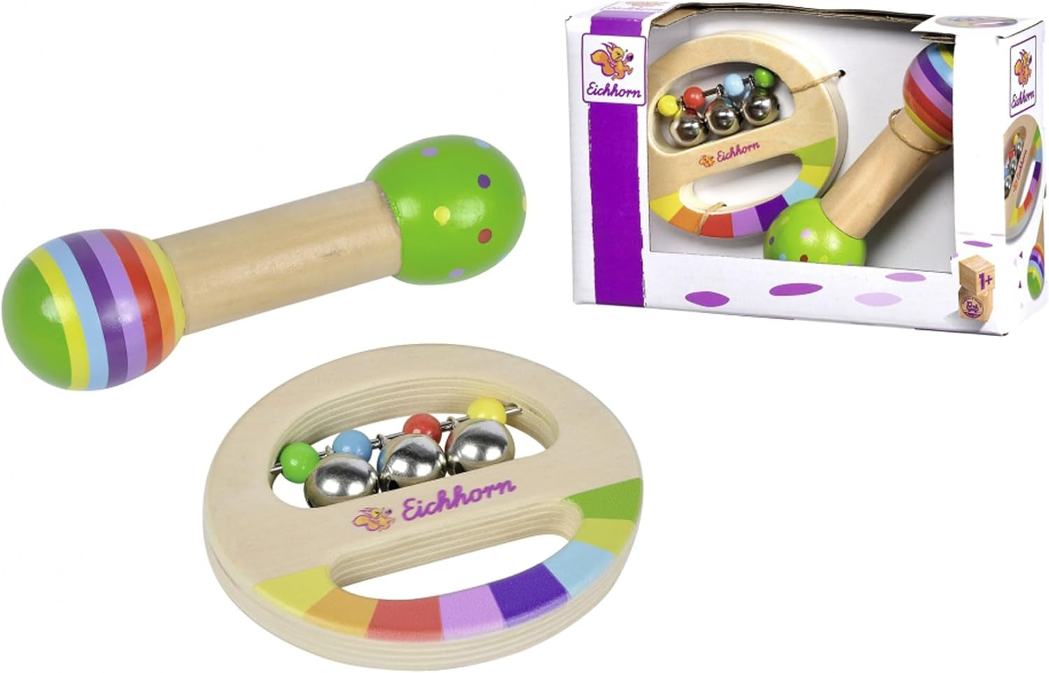 Eichhorn - set muzical din 2 piese, include jucărie de prins cu clopoței și băț cu sunet, instrumente muzicale colorate din lemn, de la 1 an Jucarii Bebe Naty Shop