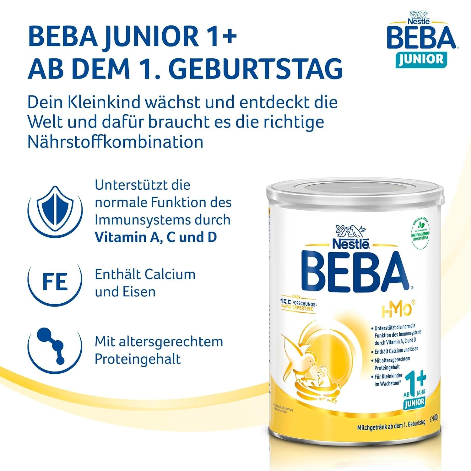 Băutură cu lapte BEBA Junior 1+ de la 1 an, Cu HMO, Conținut de proteine adaptat vârstei, Numai lactoză, Fără ulei de palmier, Fără ulei de pește, Hrană pentru copii mici, Lapte praf pentru bebeluși, Pachet de 6 (6 x 800g)