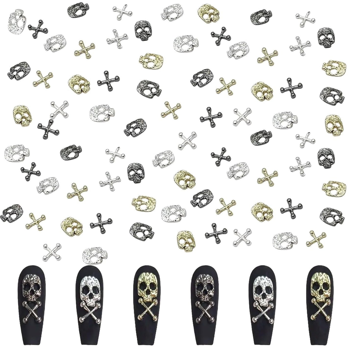 Set de decorațiuni pentru unghii cu craniu în formă de cruce, 120 de piese, brelocuri pentru unghii din metal auriu-argintiu, bijuterii din aliaj punk pentru manichiură, accesorii cu pietre strălucitoare