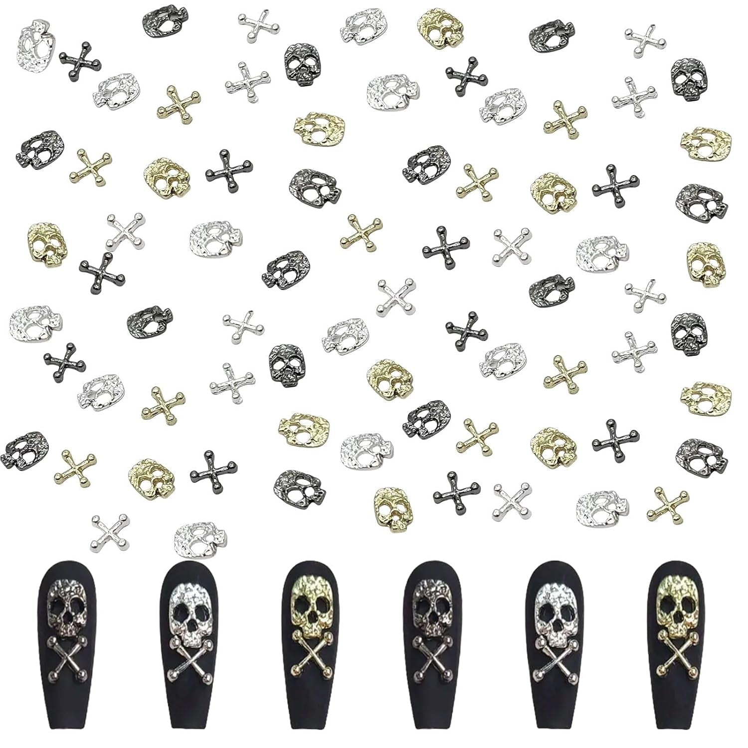 Set de decorațiuni pentru unghii cu craniu în formă de cruce, 120 de piese, brelocuri pentru unghii din metal auriu-argintiu, bijuterii din aliaj punk pentru manichiură, accesorii cu pietre strălucitoare