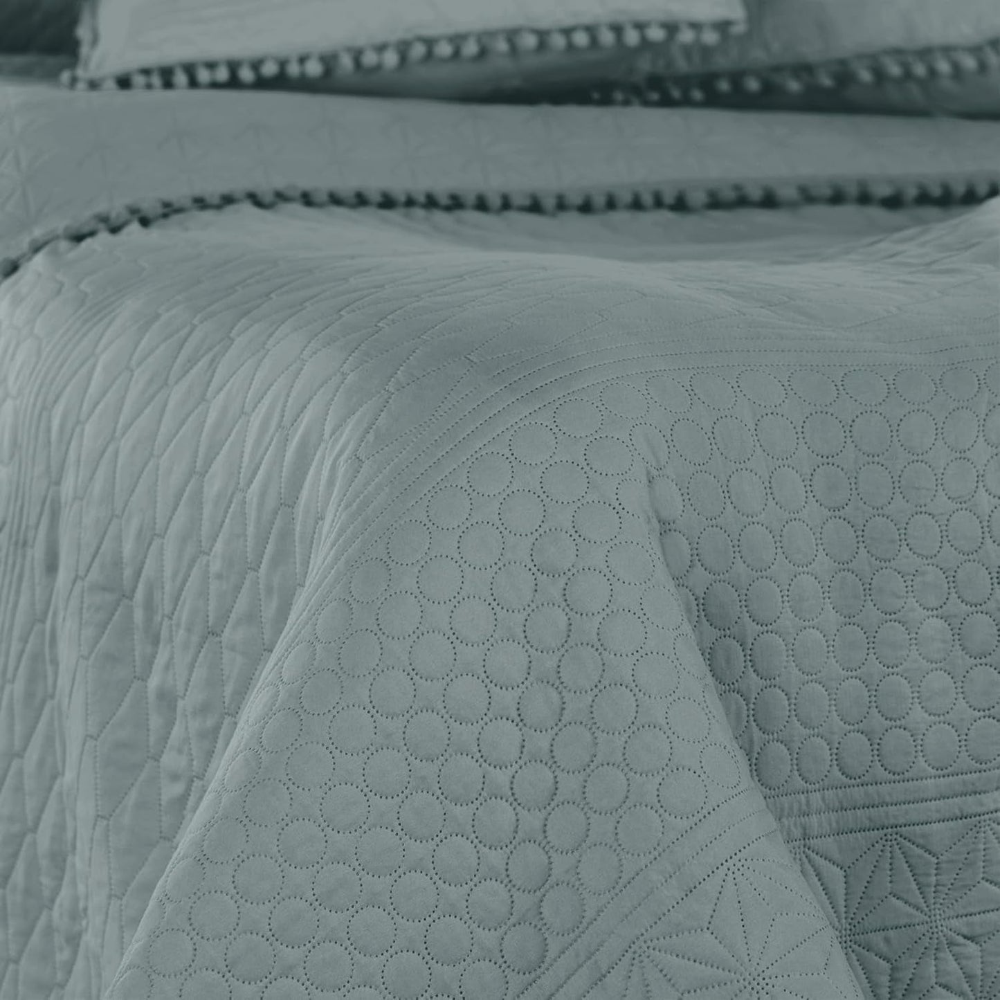 Ameliahome Cuvertură de pat cu pompoane 220X240 Cm Cuvertură de pat cu două fețe Ultrasonic Quilting Poliester Meadore Grey Paturi si Cuverturi Besuche den AmeliaHome-Store
