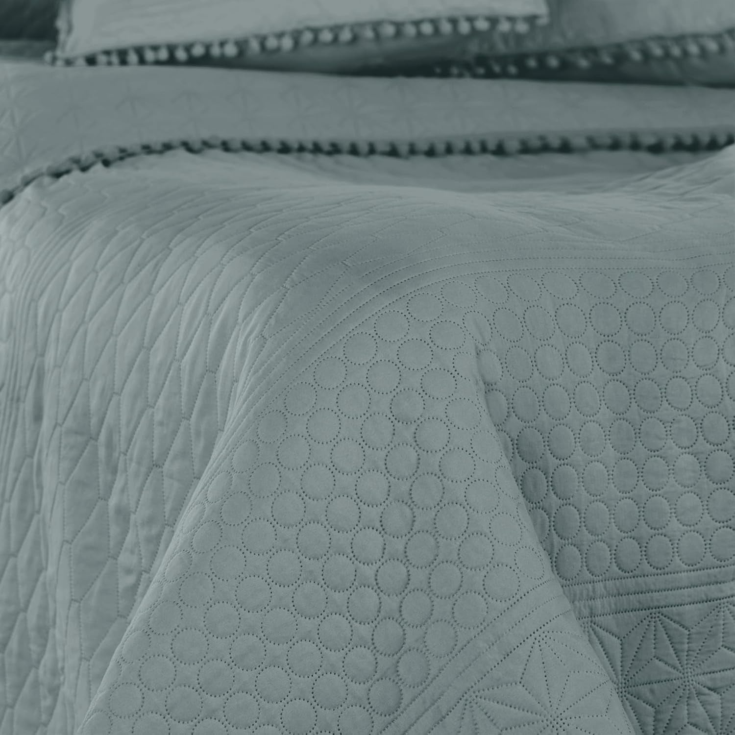 Ameliahome Cuvertură de pat cu pompoane 220X240 Cm Cuvertură de pat cu două fețe Ultrasonic Quilting Poliester Meadore Grey Paturi si Cuverturi Besuche den AmeliaHome-Store
