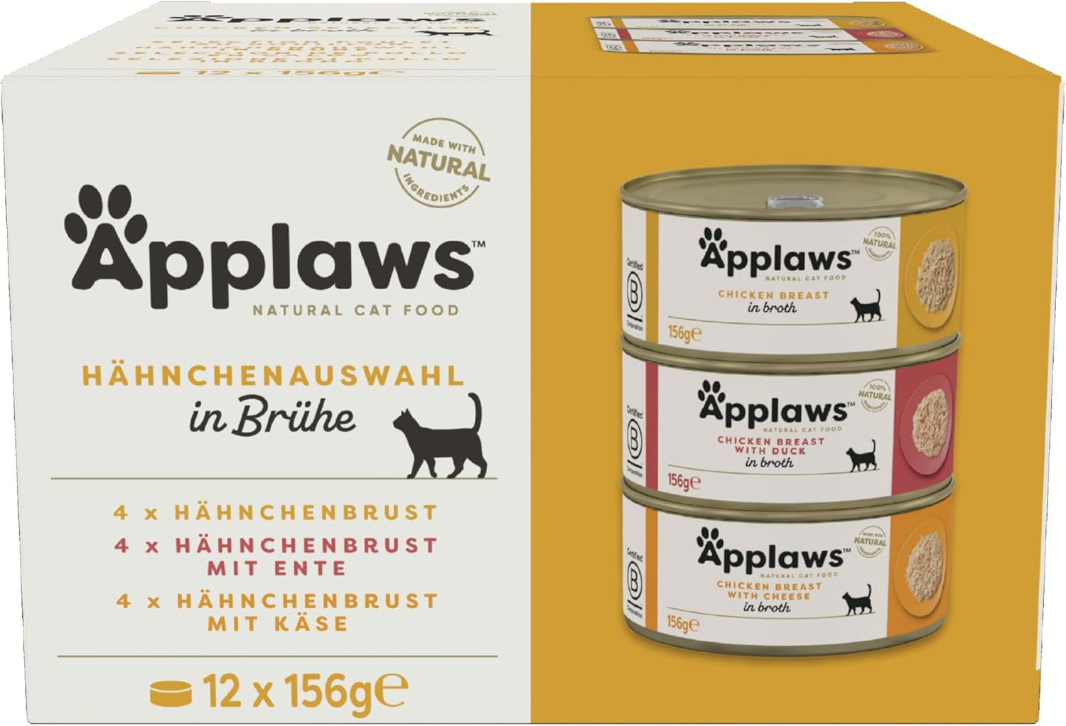 Applaws Hrană umedă premium 100% naturală pentru pisici, pachet multiplu cu pui în bulion - Pachet de 12 conserve x 156 g
