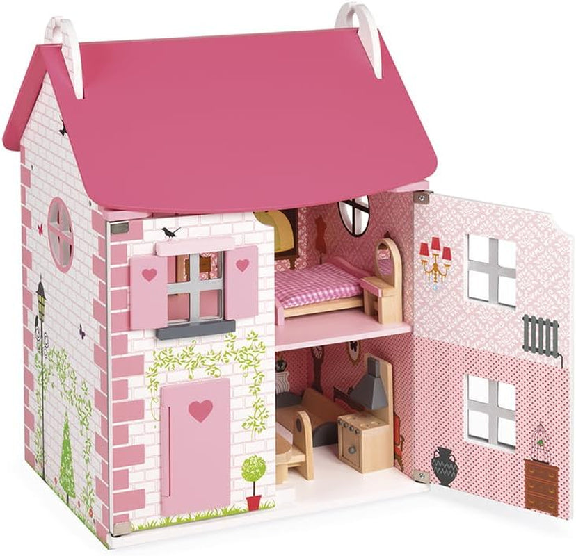 Janod - Casa de păpuși din lemn Mademoiselle, 3 etaje și cu 11 accesorii, replică de jucărie, dezvoltă imaginația, de la 3 ani, J06581, roz Casute de papusi Naty Shop Clasic