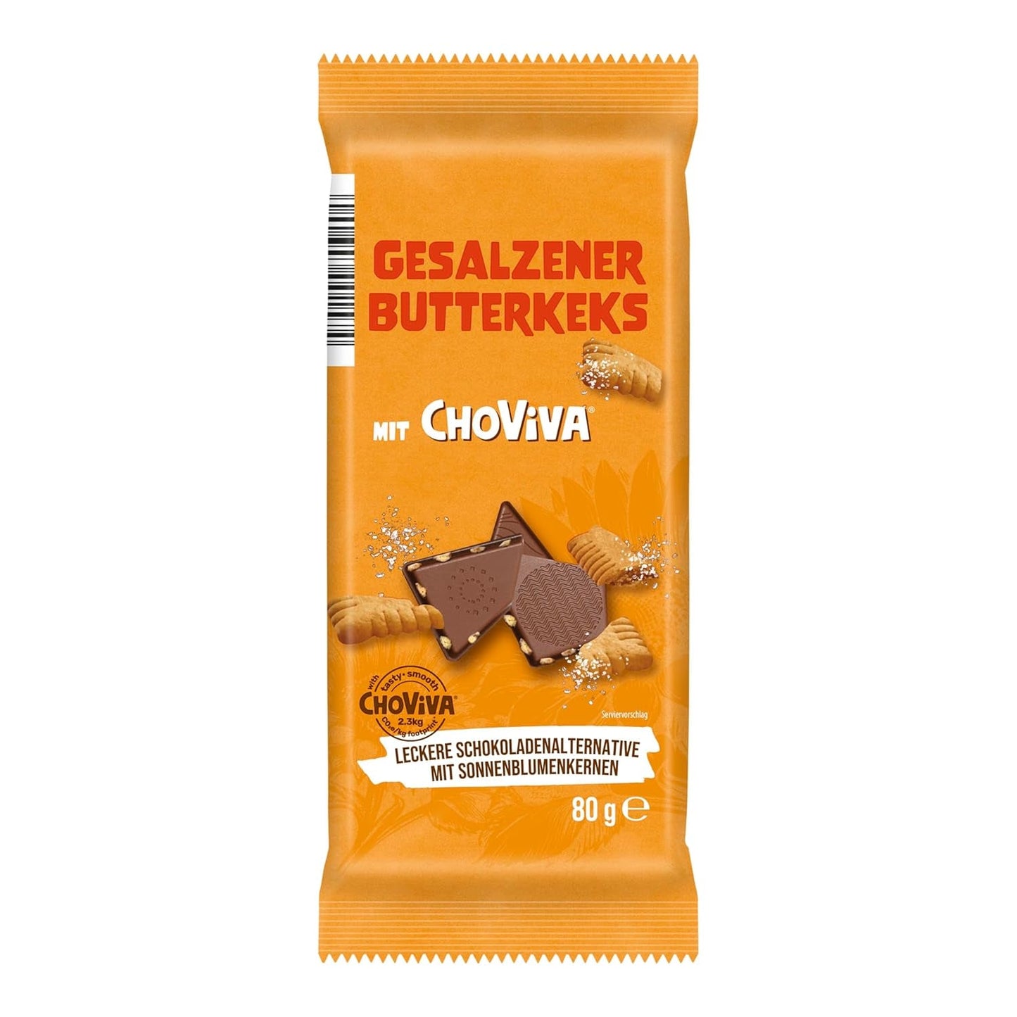 Biscuite cu unt sărat și ChoViva, baton de 80g, făcute din alternativă la ciocolată cu semințe de floarea-soarelui