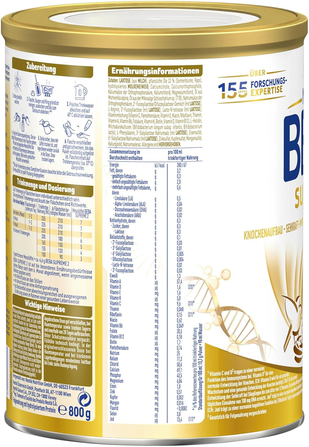 BEBA SUPREME 2 Lapte de continuare după 6 luni, doar lactoză, fără ulei de palmier, pachet de 6 (6 x 800 g) Naty Shop