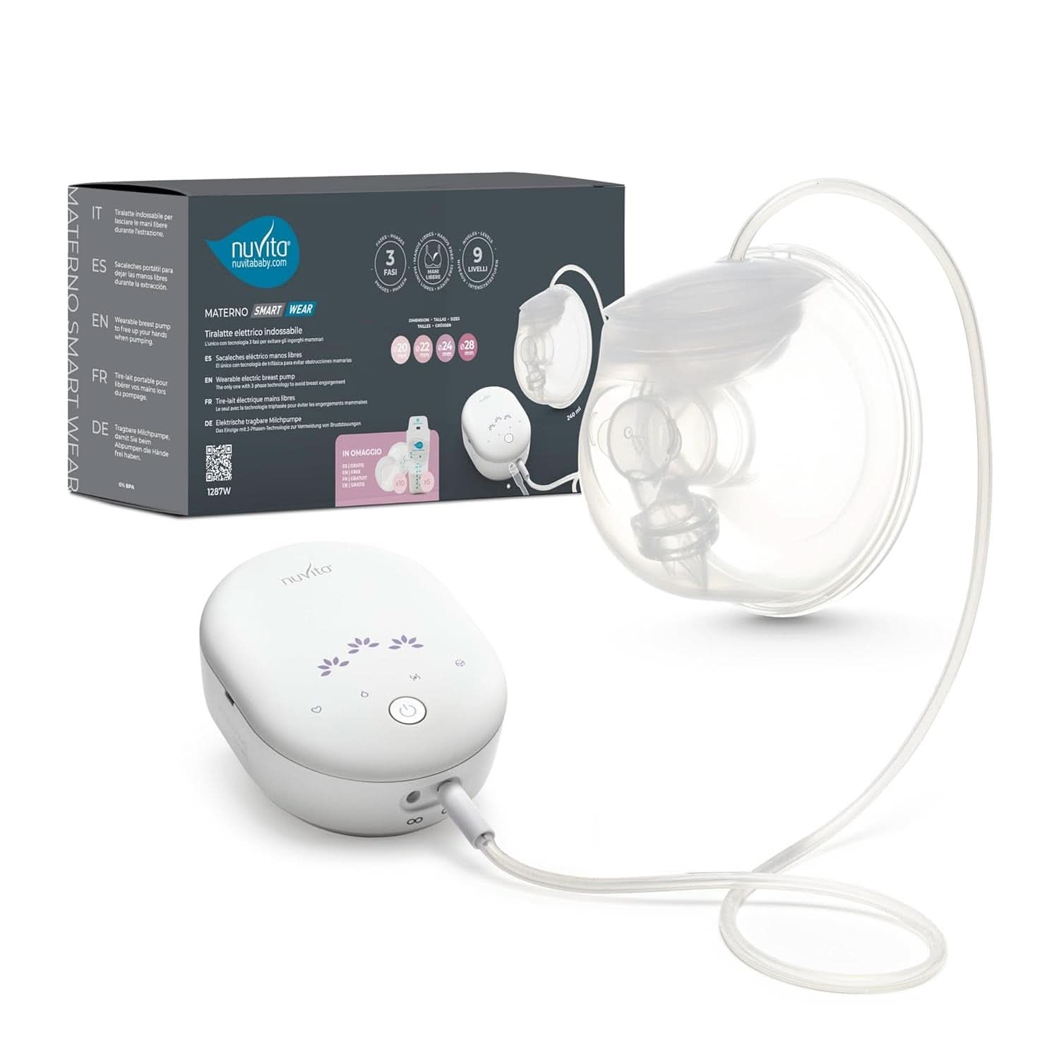 Nuvita Materno Smart Wear 1287W - Pompă de sân electrică portabilă fără mâini - Tehnologie cu 3 faze, personalizabilă, portabilă, kit de conversie pentru pompă de sân dublă disponibilă Accesorii Hrana si Alaptare Bebe Naty Shop