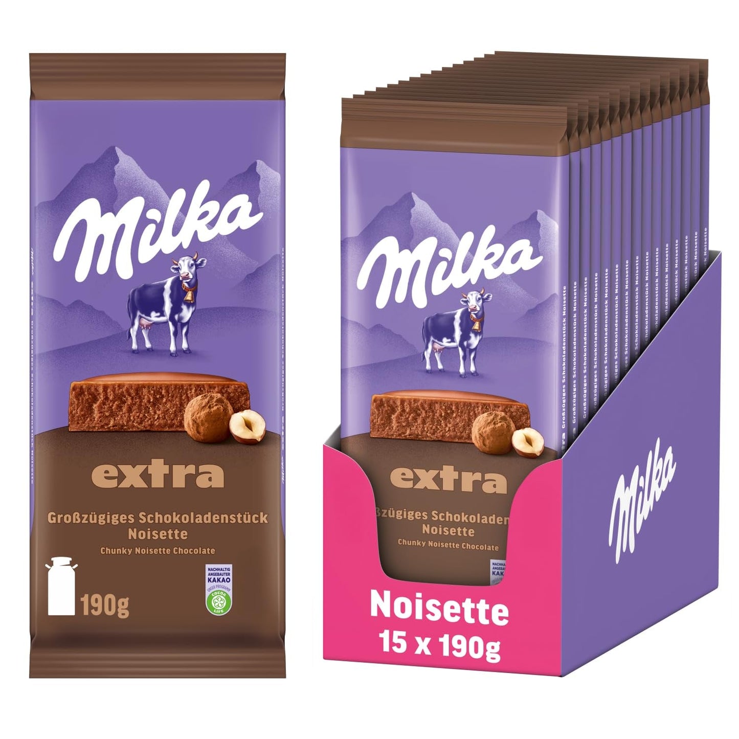 Milka Extra Noisette – Ciocolată cu lapte alpină cu umplutură delicată și cremoasă de alune de pădure – 15 x 190 g