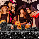 Set de tacâmuri din hârtie cu păianjeni de Halloween, format din 49 de piese, inclusiv farfurii, șervețele, pahare și față de masă. Set de tacâmuri negre pentru petrecere, cu farfurii de desert, șervețele și pahare.