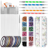 FANDAMEI Nail Art Pinsel Set, 15 Stücke Pinsel Für Gelnägel Nagel Pinsel, 5 Stücke Dotted Pen, 10 Rolle Streifenband Nägel, Strasssteine Nägel, Ultra Dünn Nagel Pailletten Für Nagelkunst Maniküre Set