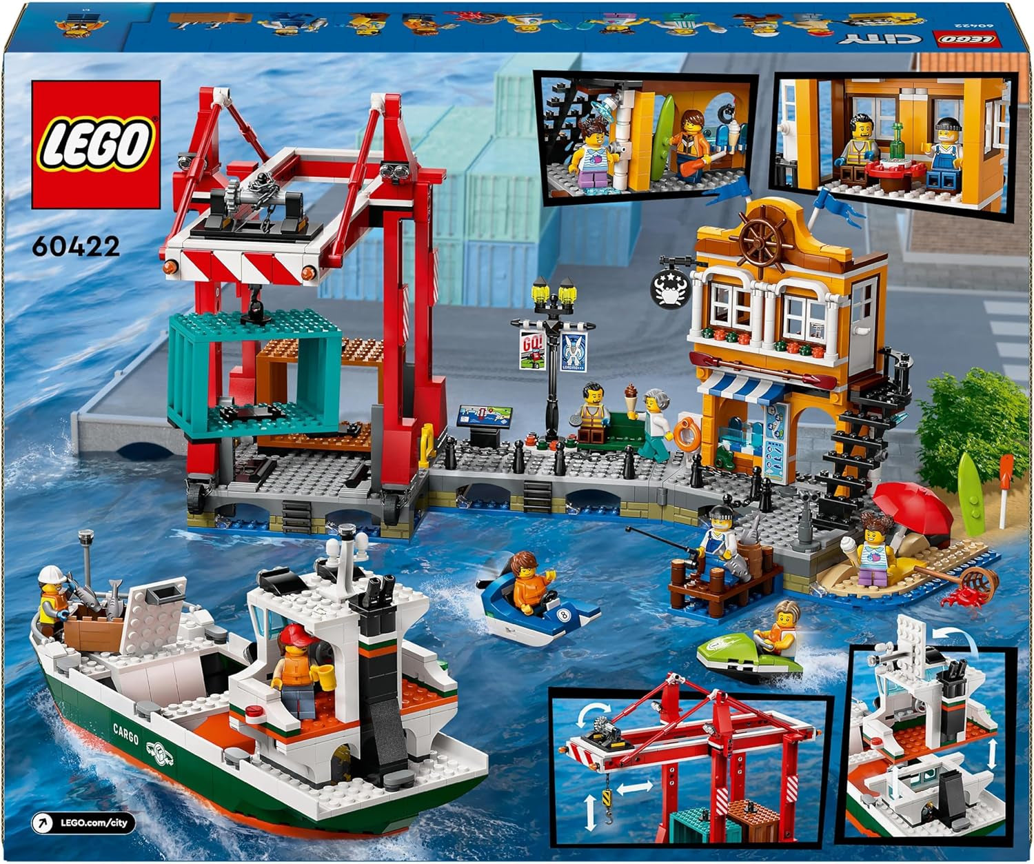 Portul LEGO City cu navă de marfă, jucărie de construit pentru băieți și fete de la 8 ani, idee de cadou pentru copii, macara pentru containere, navă de jucărie și 8 minifigurine 60422 Seturi de constructie Besuche den LEGO-Store