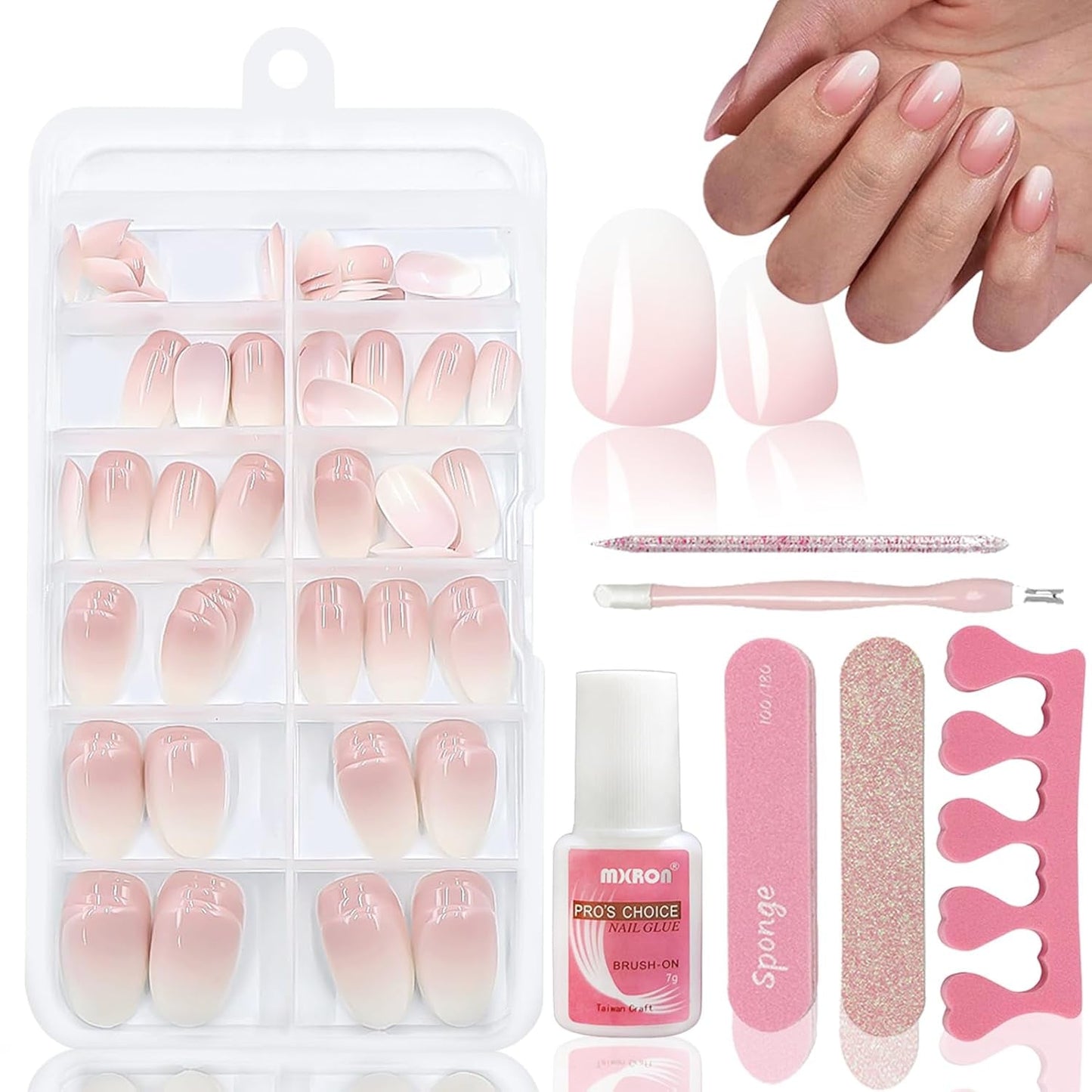 120 buc unghii false roz nud cu lipici de unghii - 12 dimensiuni unghii ovale scurte, pătrate, prin presare - unghii frumoase, unghii artificiale pentru lipire - potrivite pentru designul unghiilor DIY pentru femei (gradient roz Squoval)