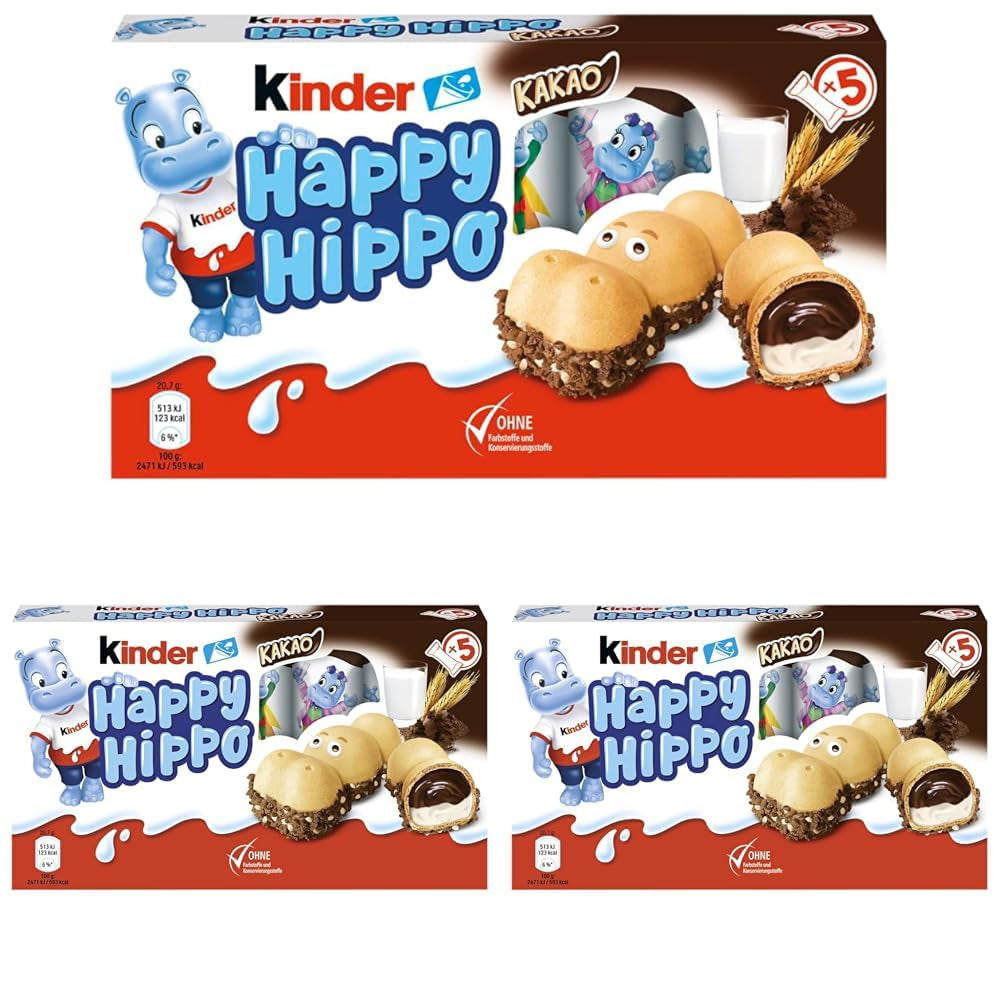 Kinder Happy Hippo Hazelnut – Specialitate crocantă de napolitane cu lapte și cremă de alune – Dulciuri pentru Carnaval și Mardi Gras – 1 pachet conținând 5 batoane individuale a câte 20,7 g fiecare