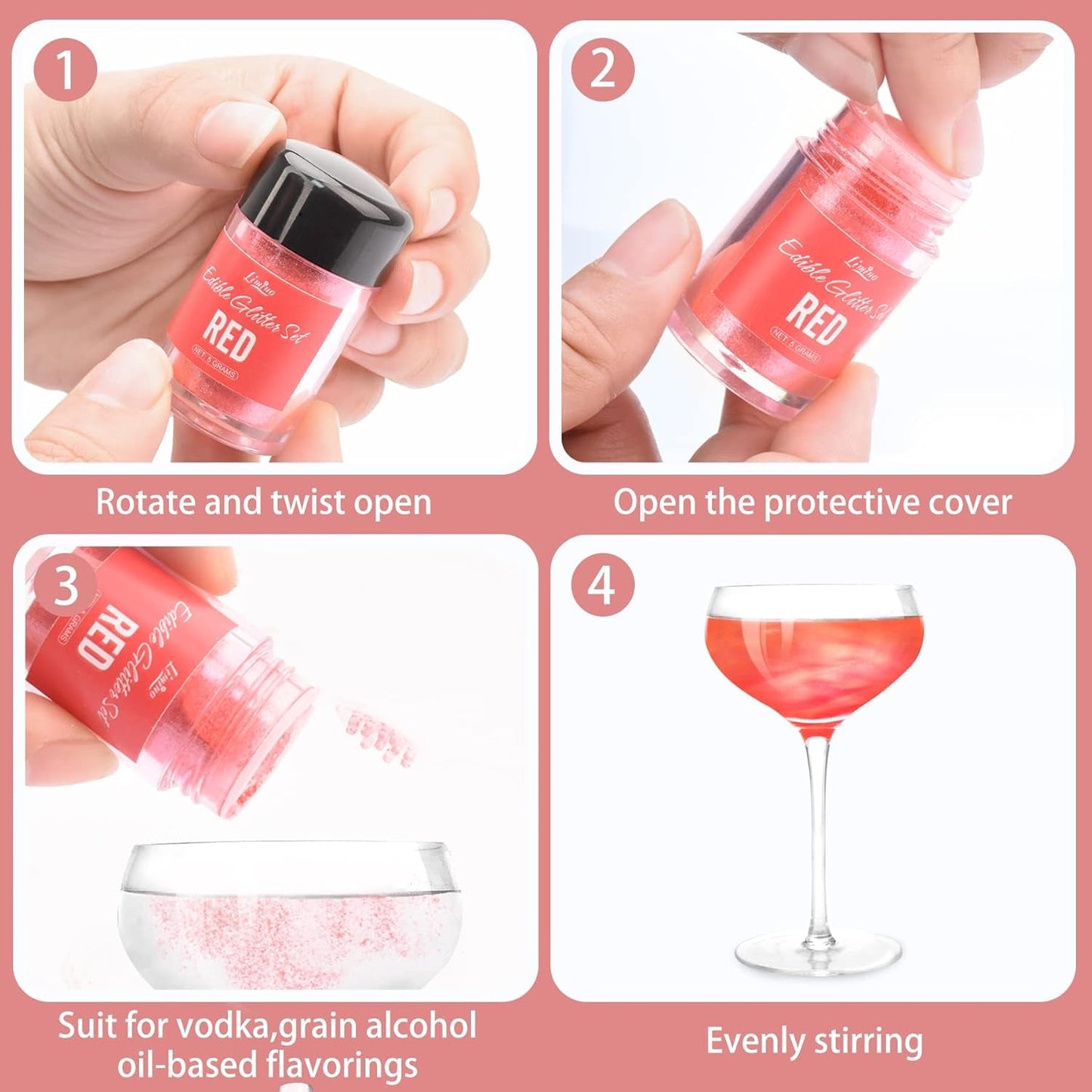 Sclipici comestibil - 4 culori pudră cu sclipici comestibilă, praf cu sclipici în sticlă cu spray pentru băuturi, prăjituri, alimente - pudră cu sclipici metalic, colorant alimentar pentru cocktailuri, fondant, fursecuri, vin