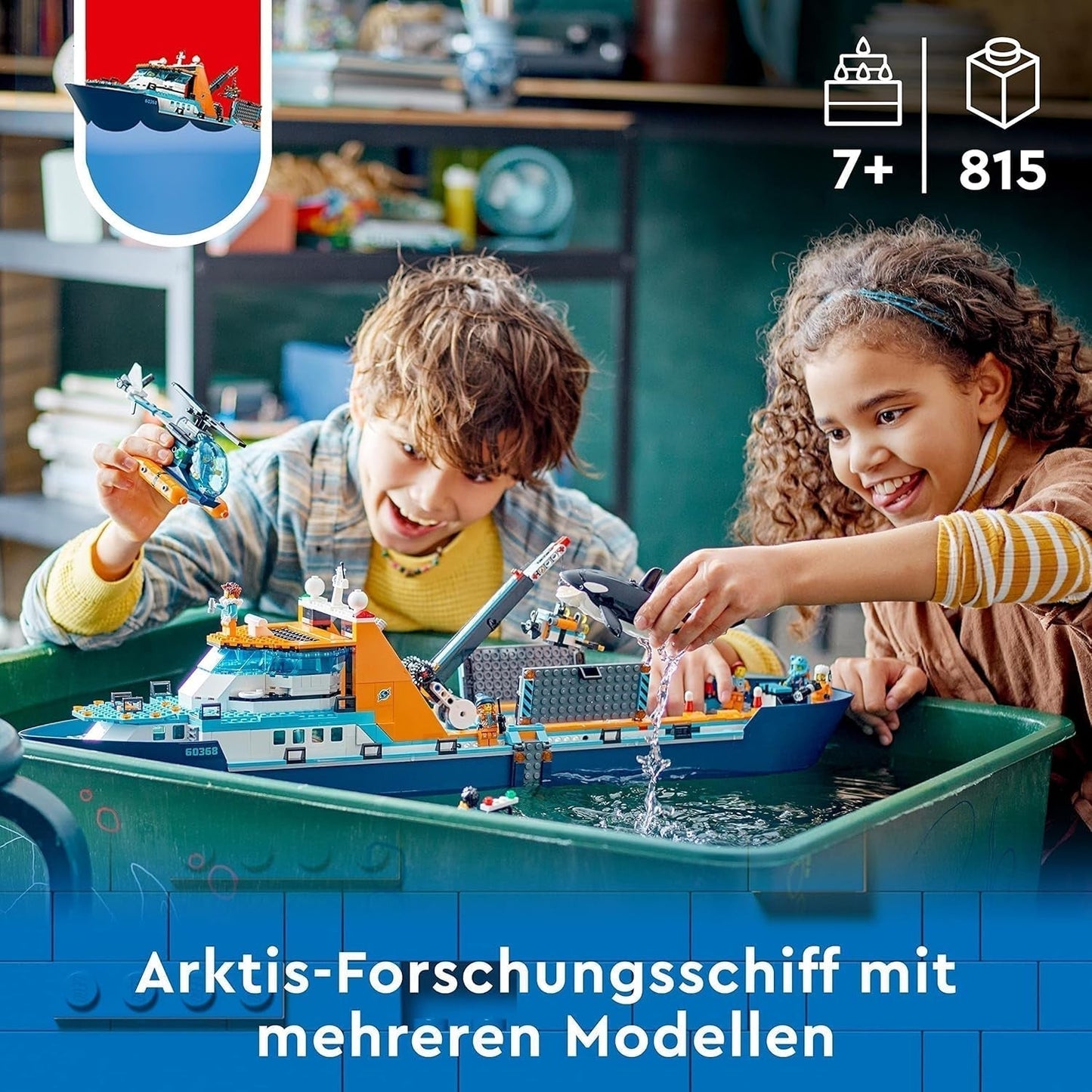 LEGO City Arctic Research Ship, barcă mare de jucărie plutitoare cu elicopter, barcă pneumatică, submarin Rov, epavă vikingă, 7 minifigurine și figură Orca, cadou pentru copii cu vârsta de 7+ 60368 Seturi de constructie Besuche den LEGO-Store