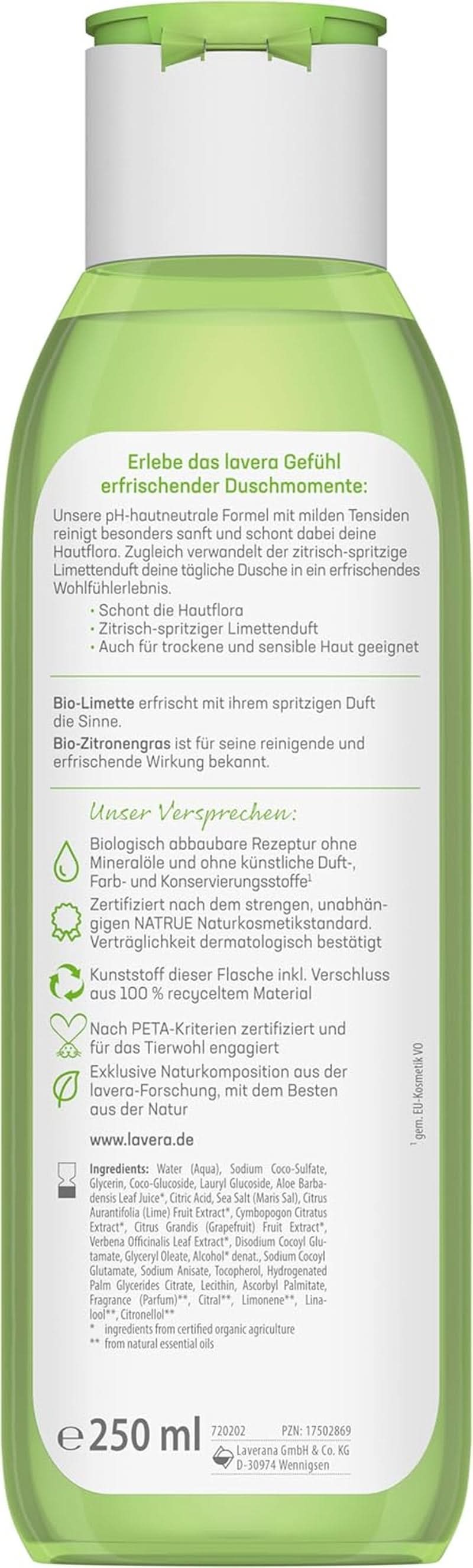 Lavera, Gel de duș răcoritor cu lămâie verde organică, 250 ml Duș și baie Naty Shop
