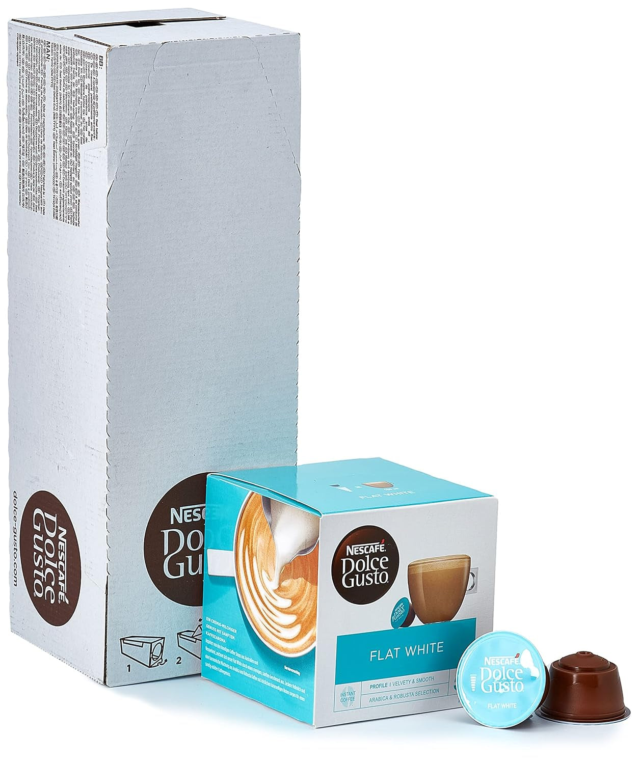 NESCAFÉ Dolce Gusto Latte Macchiato Vorratsbox 90 Kaffeekapseln & Flat White, 48 Kaffeekapseln, Arabica und Robusta Bohnen