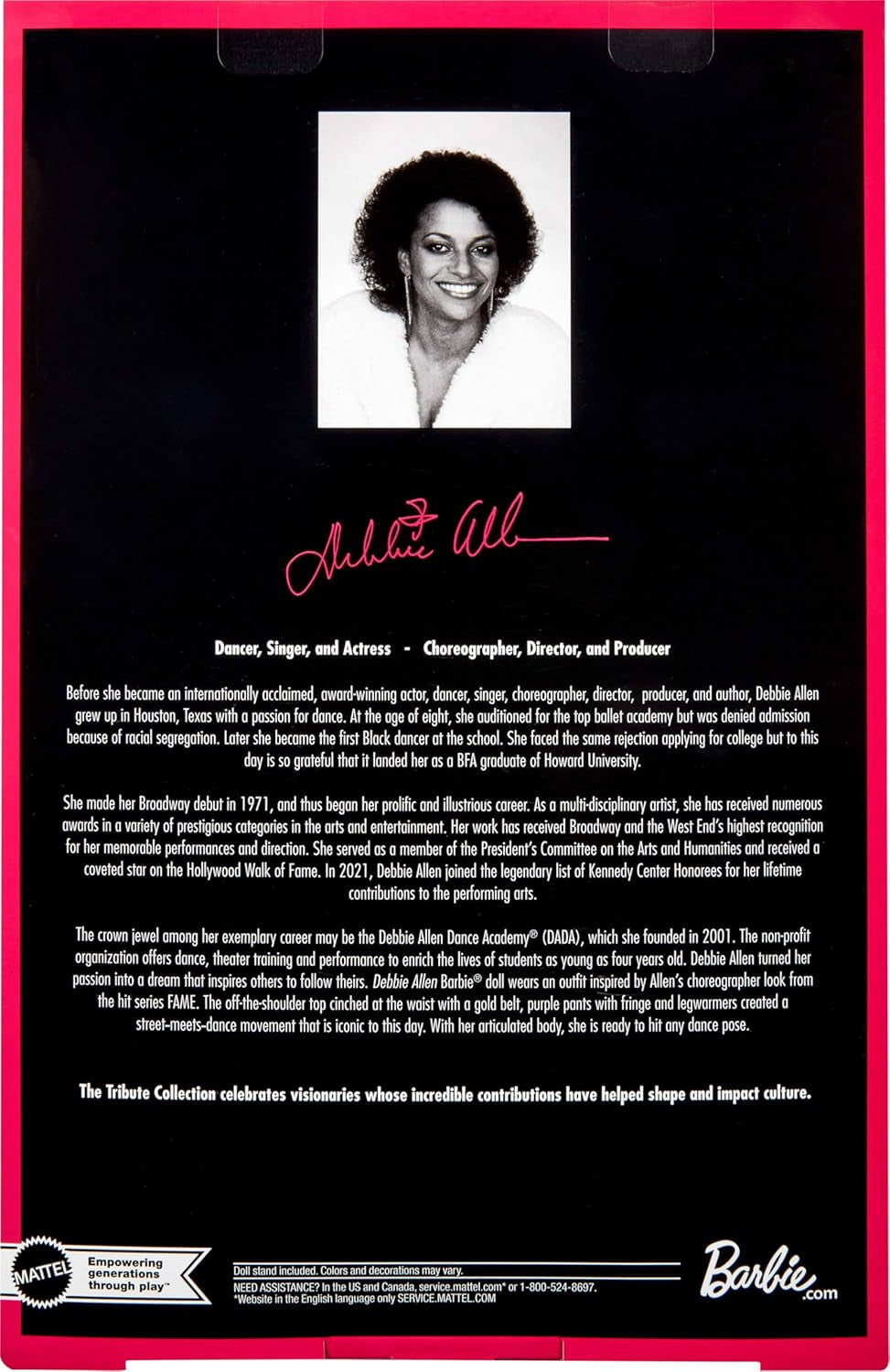 Păpușa Barbie Signature, Colecția Debbie Allen Tribute, cu bluză cu umeri goi, curea aurie și pantaloni mov cu franjuri și jambiere, JBJ24