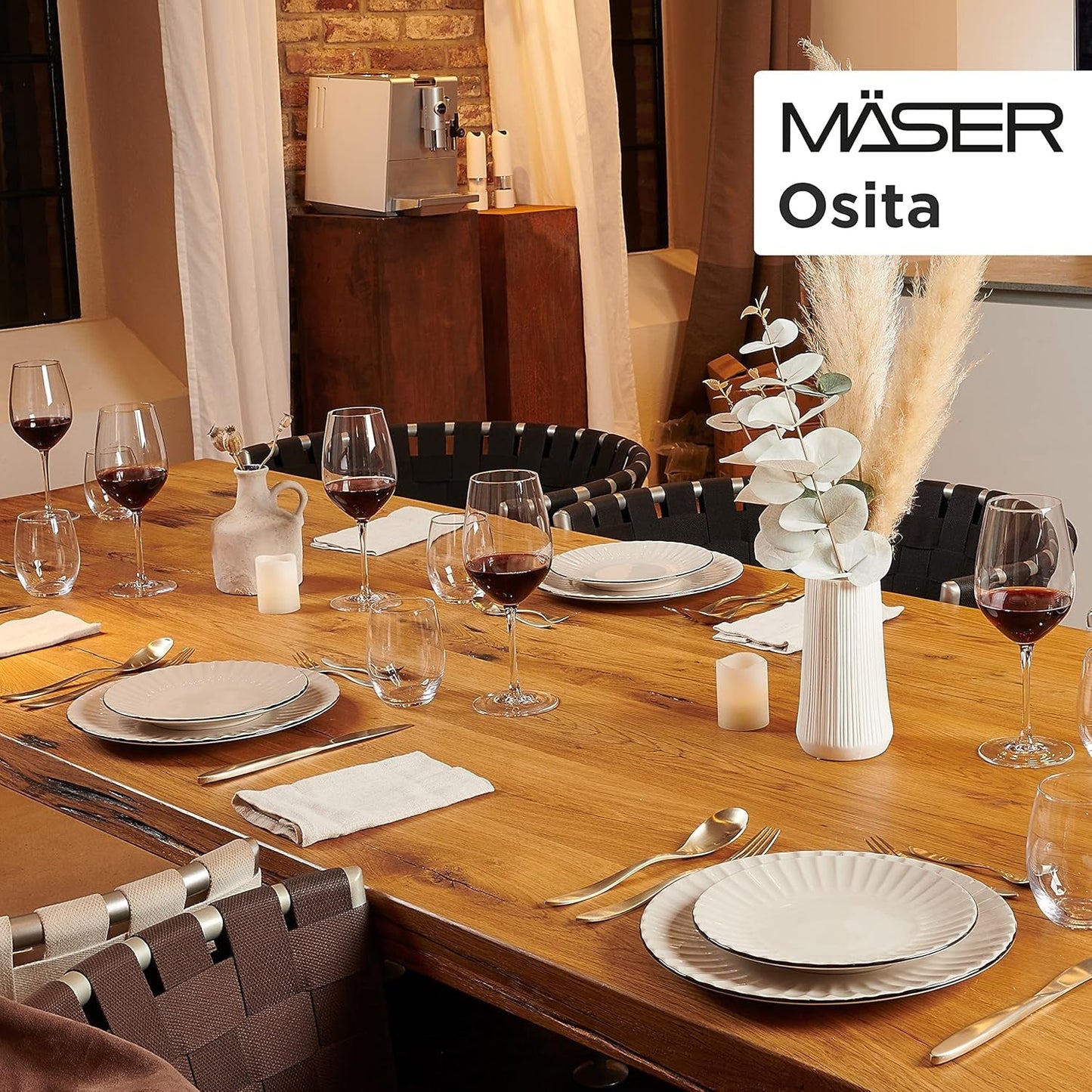 MÄSER 931967 Set de veselă Osita Retro Series pentru 6 persoane în formă de val, set de veselă rotundă cu 18 piese, farfurii de cină, farfurii de desert și boluri pentru cereale, ceramică, alb crem