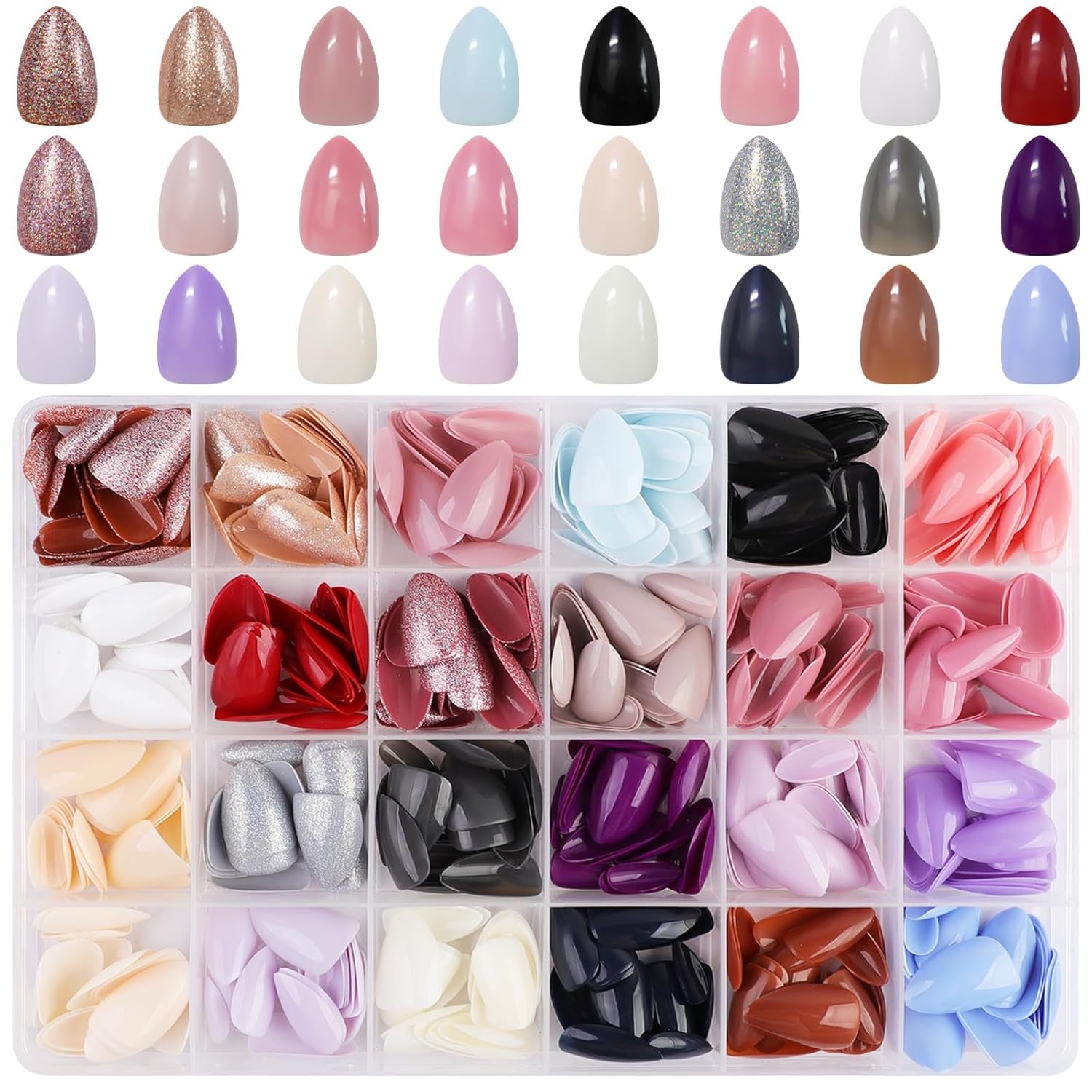 576 buc unghii migdale pentru lipire pe unghii scurte, colorate cu sclipici, set de unghii artificiale lucioase, unghii false cu pilă de unghii, unghii ovale, unghii artificiale pentru femei