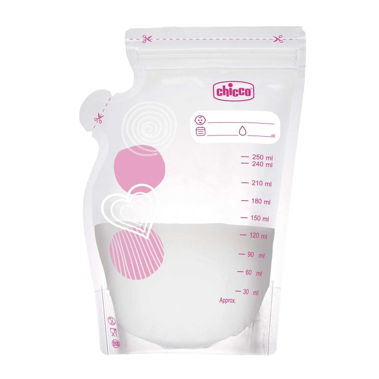 Sac de lapte Chicco cu 30 de bucăți, Rezistent la scurgeri, 250 ml Accesorii Hrana si Alaptare Bebe Naty Shop