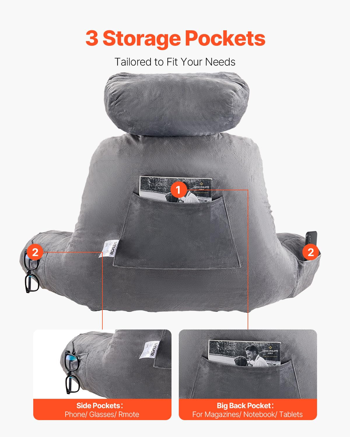 Pernă de citit VEVOR, pernă de pat (mare) cu tetieră detașabilă, pernă pentru spate cu 3 buzunare și material textil lavabil din catifea scurtă și spumă cu memorie mărunțită, lateral cu mâner, pentru vizionarea la televizor, citit, jucat